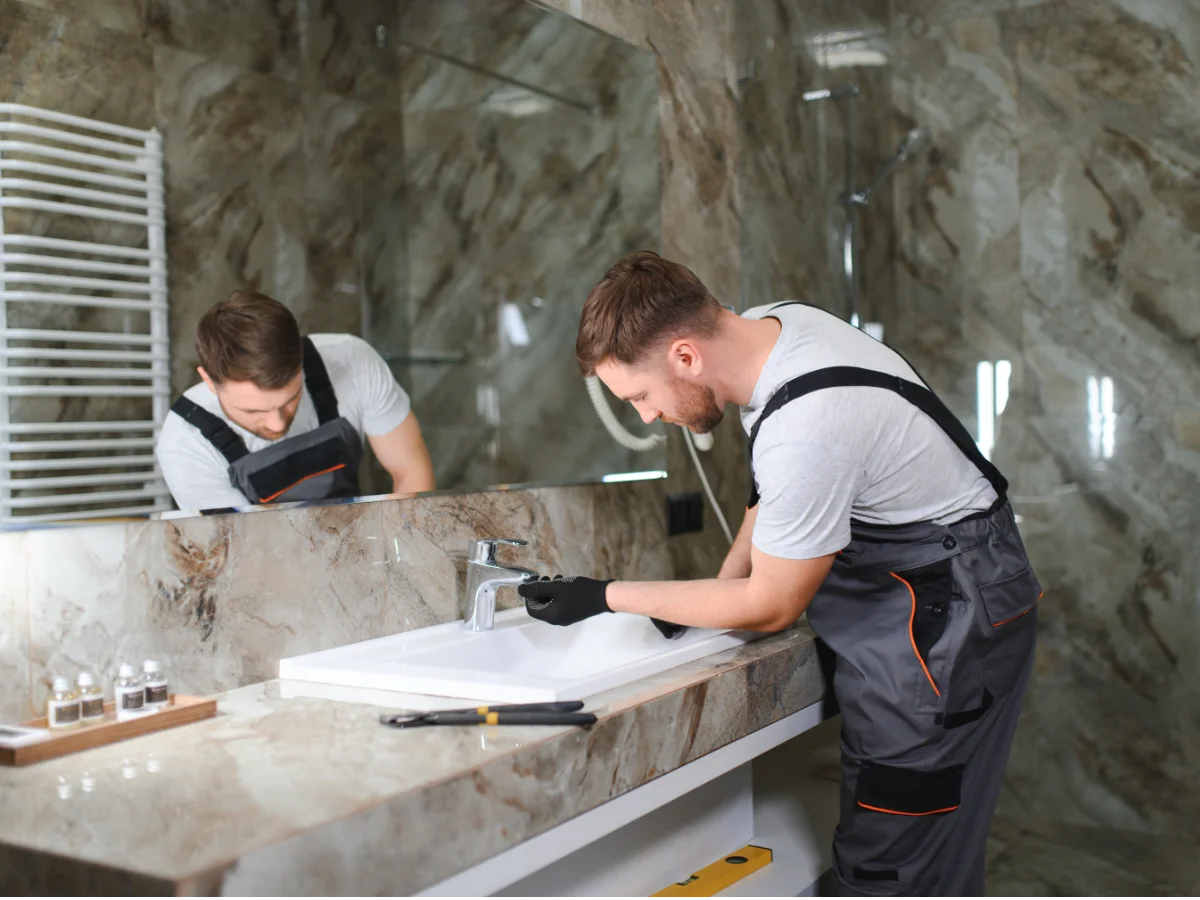 Handwerker bei der Montage im Badezimmer